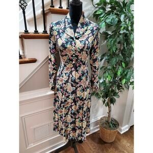 Vintage Leigh Deleonardo Floral Polyester Long Sleeve Collared Knee Length Dress